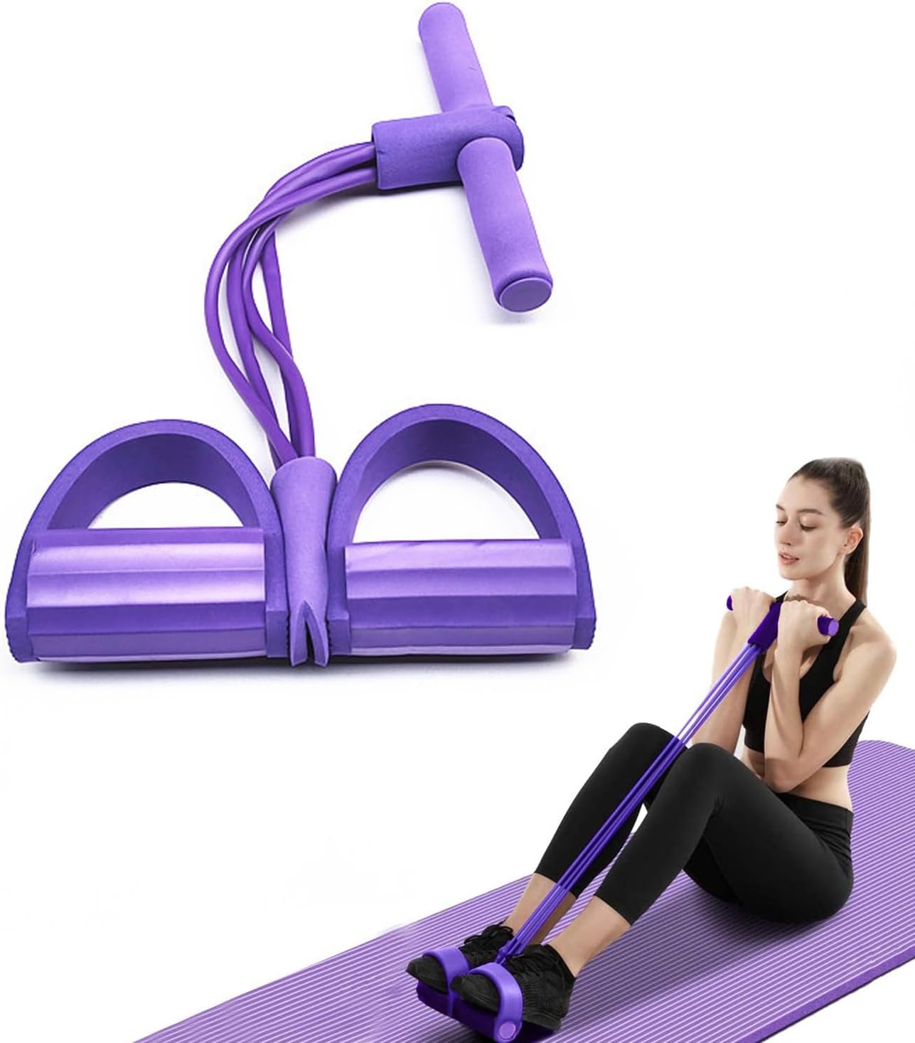 Norhogo 4 Tubes Elastic Sit Up Pull Rope with Foot Pedal, Multifunction Resistance Training Exerciser Tension Rope Sit Up Exercise Equipment for Home Use for Home Gym Yoga, Fitness