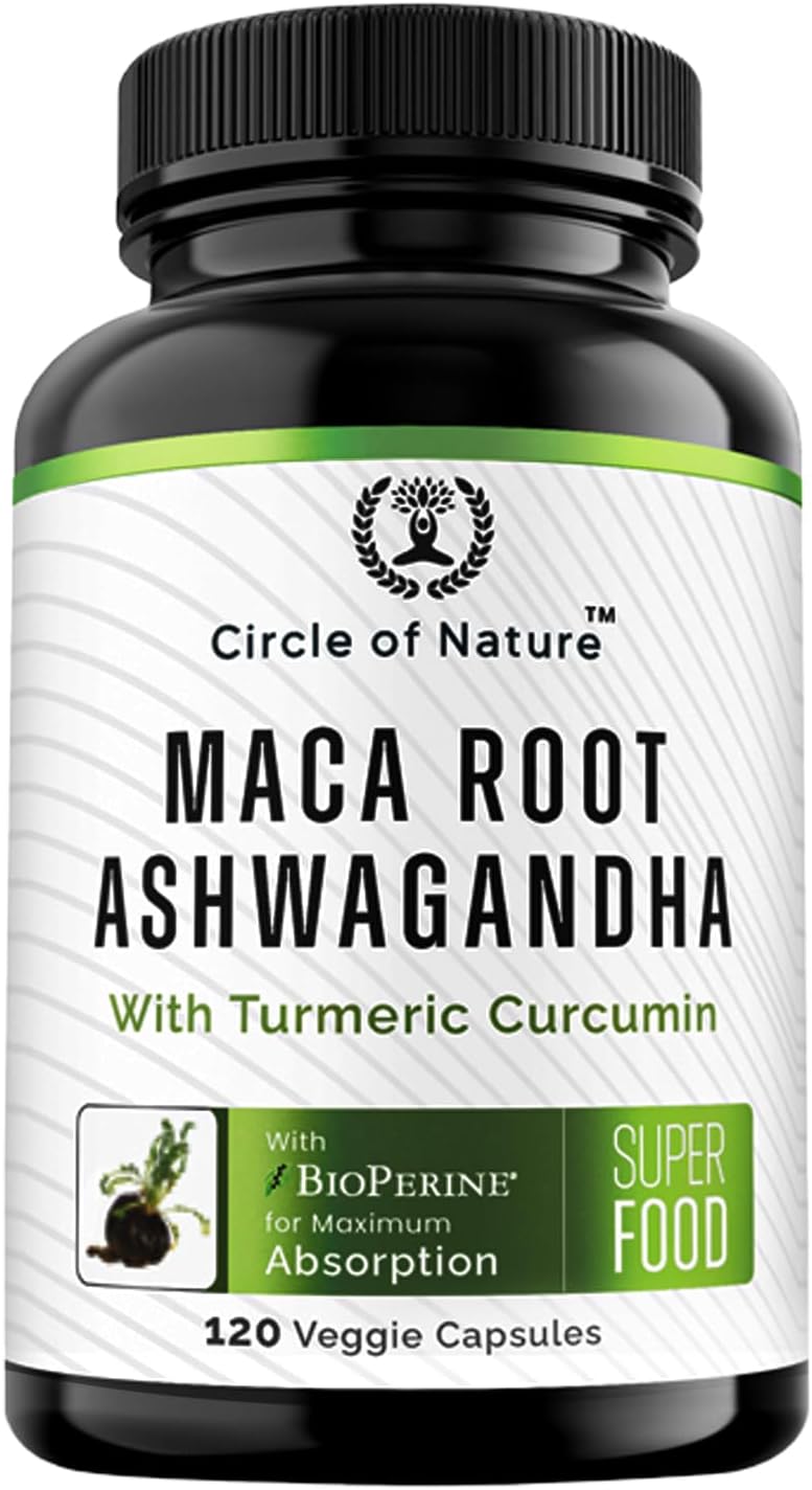 Maca Root, Ashwagandha Root Extract, Capsules for Men & Women with Turmeric Curcumin and Bioperine 120 Capsules Made in USA