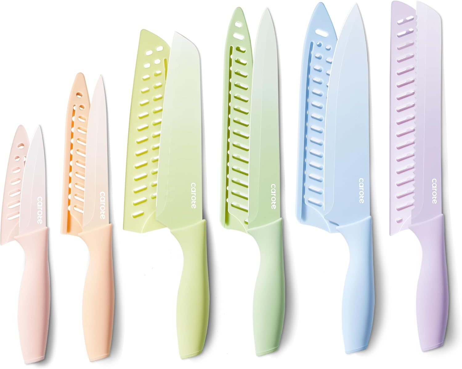CAROTE 12Pcs Kitchen Knife Set, Stainless Steel Blade with Ceramic Nonstick Coating, Cutlery Knives with Blade Guards, Dishwasher Safe, Multicolored