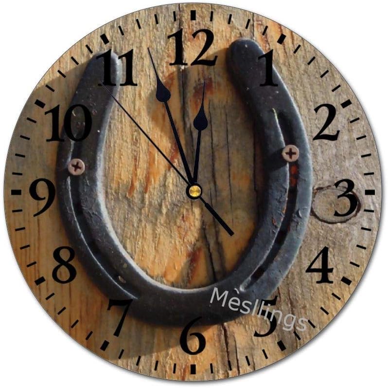 Mesllings Wall ClocksCute Western Rustic Good Luck Horse Horseshoe Printed Round Wall Clock, Wall Decor Clocks for Kitchen, Office, Retro Hanging Clock, Home Decor Accessories