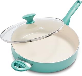 GreenPan Rio Healthy Ceramic Nonstick 5QT Saute Pan Jumbo Cooker with Helper Handle and Lid, PFAS-Free, Dishwasher Safe, Turquoise
