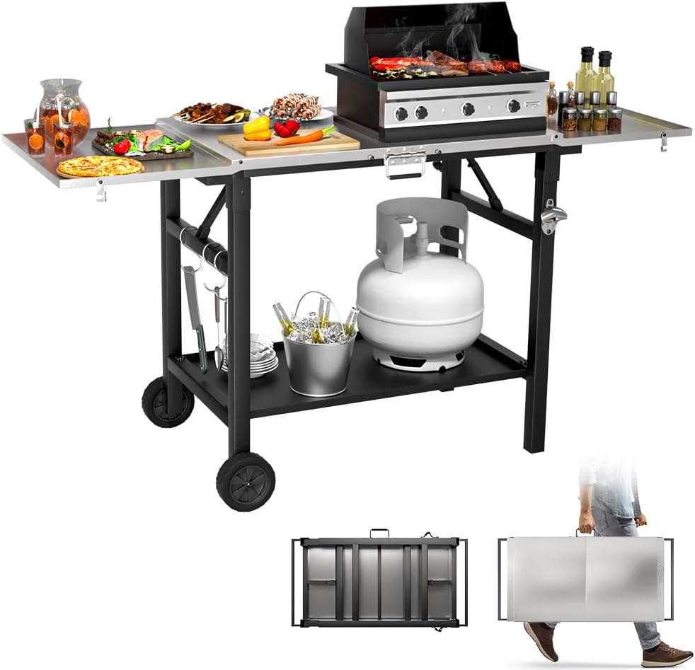 Nidouillet Grill Cart for Blackstone Griddle, 51" *18" Stainless Steel Outdoor Grill Table, Foldable Cart Table with Wheels for Ninja Gril, Portable Grill Stand Fit 17" Or 22" Griddle Outside Camping