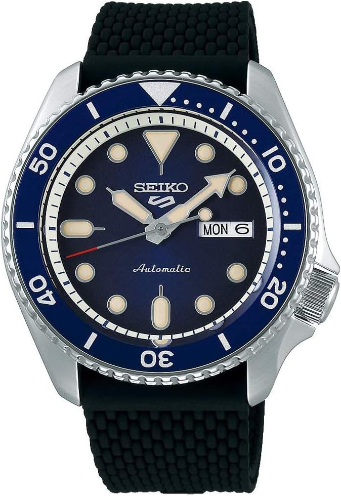 SEIKO SRPD93 Watch for Men - 5 Sports - Automatic with Manual Winding Movement, Blue Sunray Dial with Blue Bezel, Stainless Steel Case, Black Silicone Strap, and Day/Date Display
