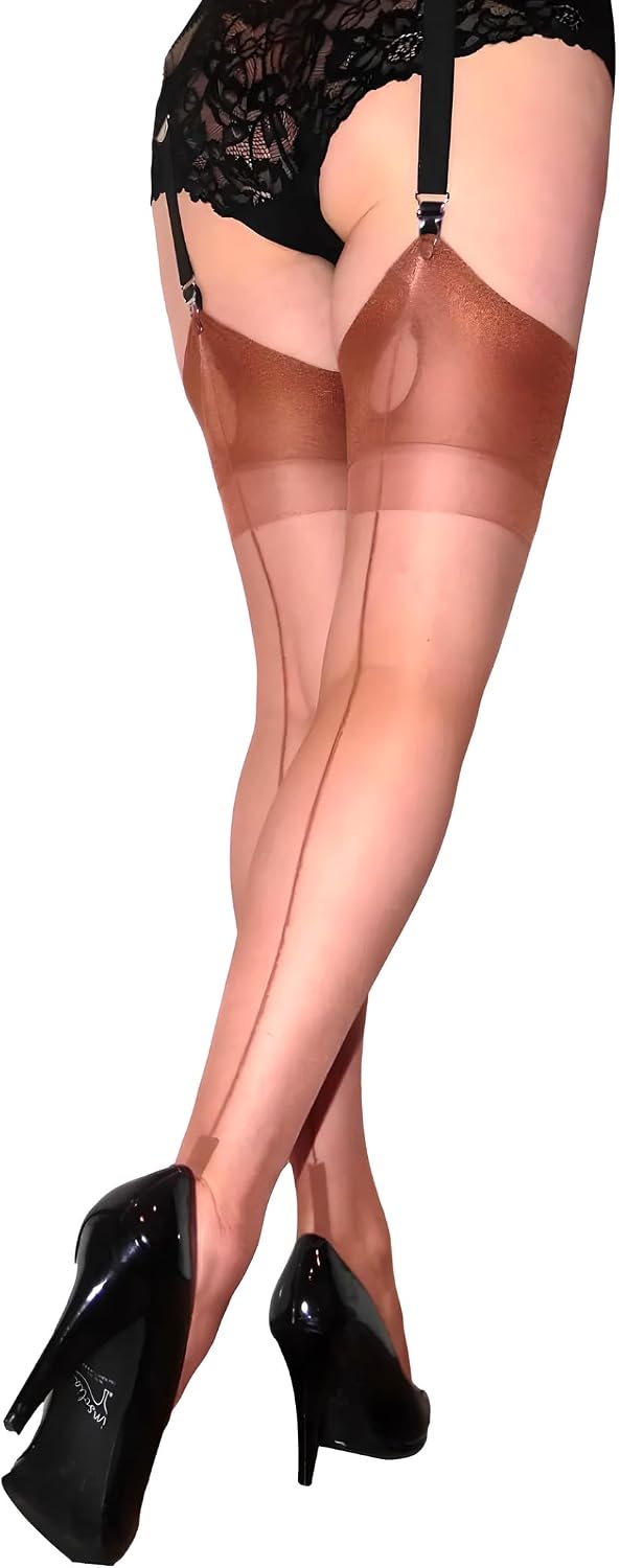 Seamed Nylon Stockings, Thigh High, Cuban Heel, Coffee Brown, M/L