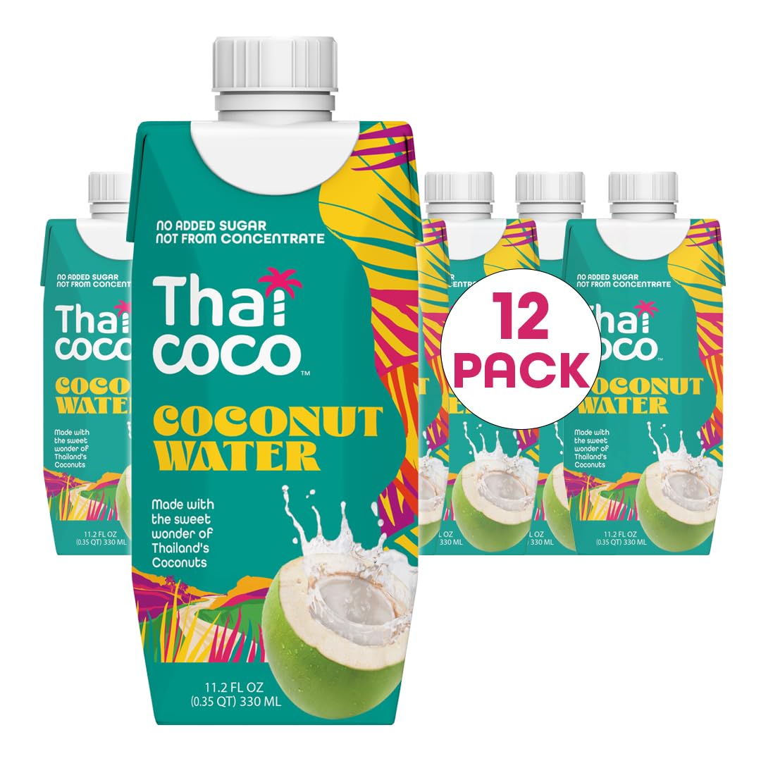 Thai Coco Organic Coconut Water, 100% Pure & Unsweetened, No Sugar Added, USDA Organic, Natural Electrolytes Hydration Drink, 11.2 fl oz Tetra Carton (Pack of 12)