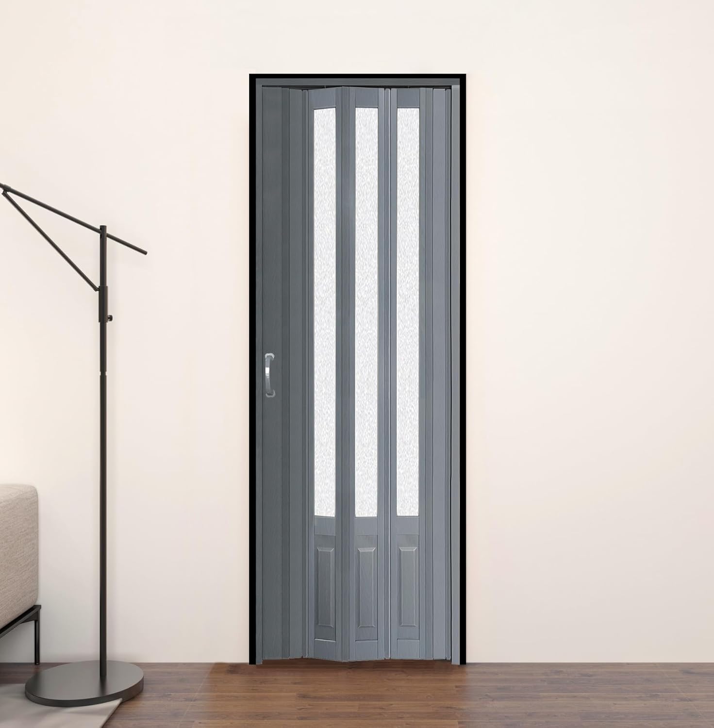 DIYHD 32X80in Accordion Folding Door with Mount Hardware,Grey PVC with Acrylic Glass Multifold Door for Closet