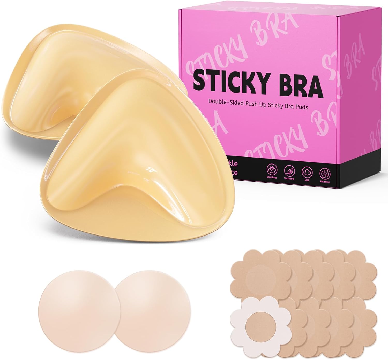 Ultra Push up Sticky Bra Pads Inserts | Double Sided Adhesive Bra Inserts | Stick on Bra for Sports Bra Swimsuit (Medium, Beige)