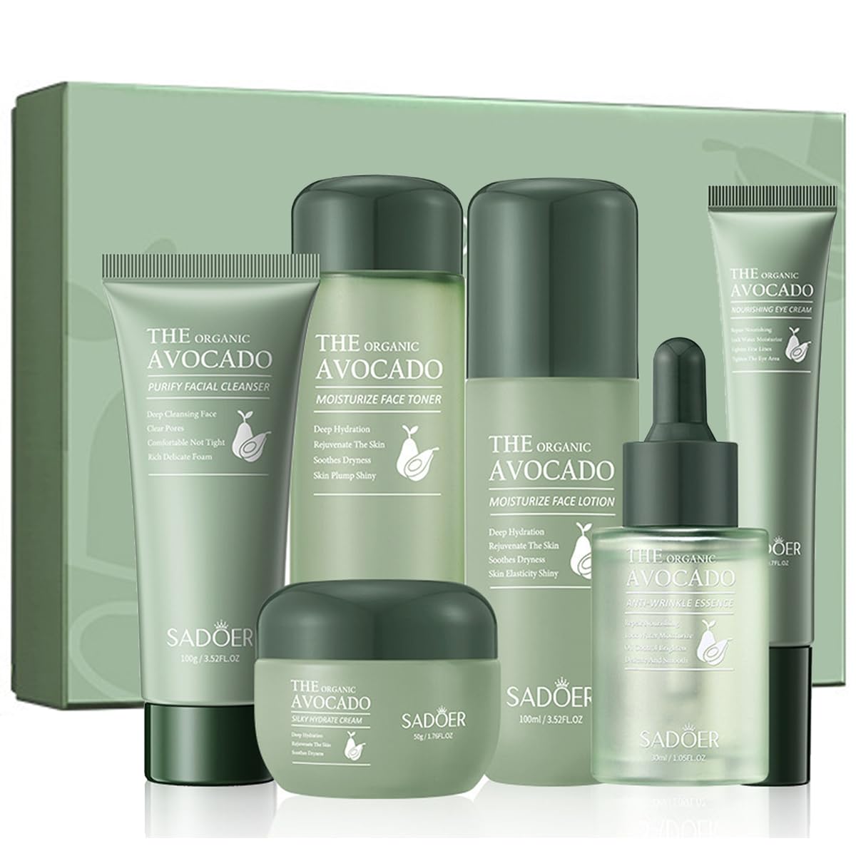 Avocado Skincare Sets, 6pcs Skin Care Gift Set with Lip Balm, Toner, Lotion, Face Serum, Eye Cream For Hydrating Skin, Anti-Aging Skin For Women Teen Girls (Extra Large, 6, Count)