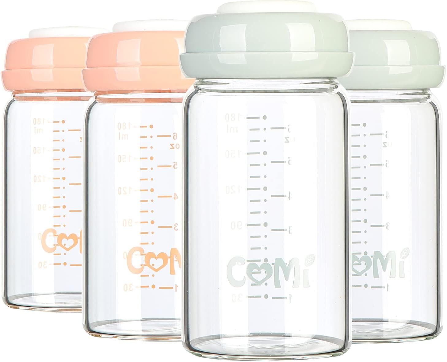 COMI Wide Neck Glass Breastmilk Collection n Storage Bottle, 4 Packs, 6oz with Screw Ring Sealing Disk; Re-markable Sealing Disc. BPA Free, Fits Breast Pumps & Nipples (2 Gray Lids + 2 Pink Lids)