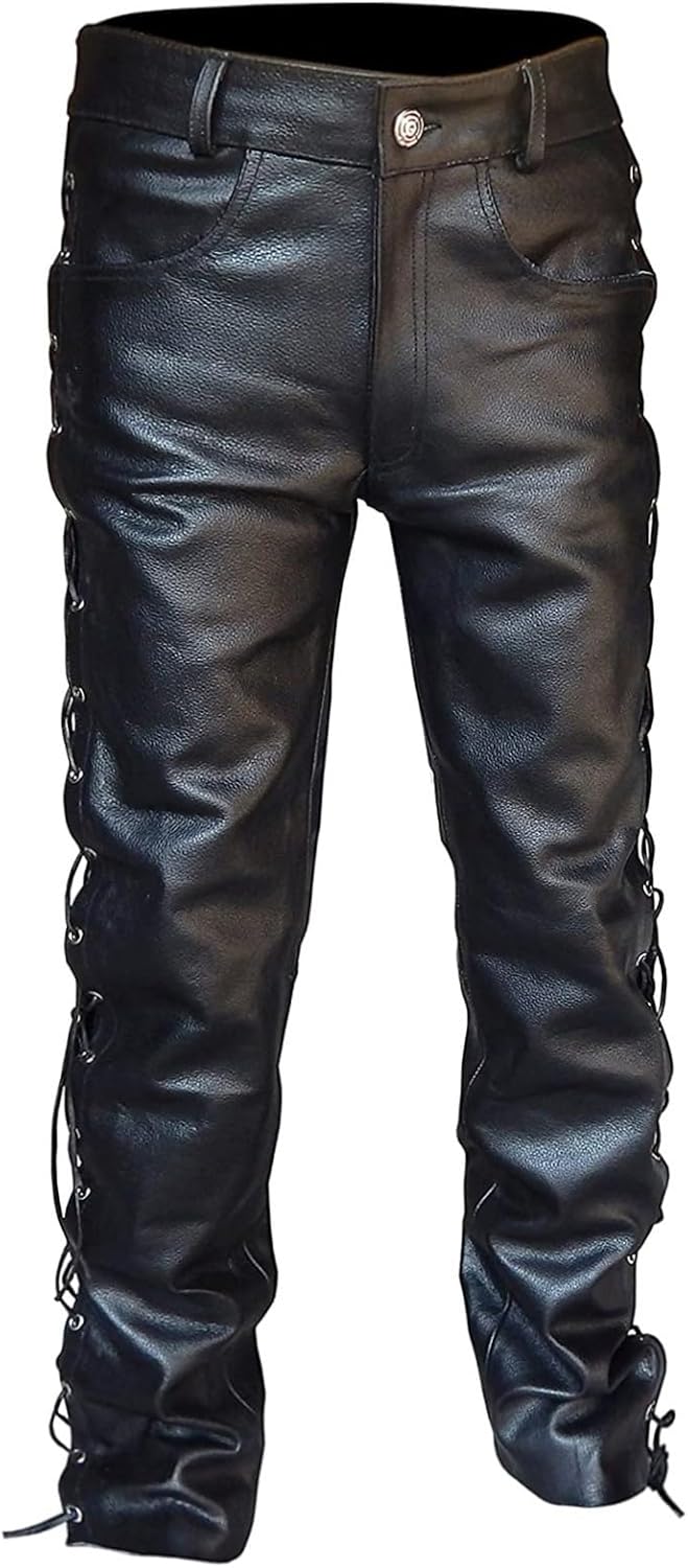 Mens Baggy Cargo Trousers Leather Trousers Men High Stretch Chino Leather Trouser Front And Back With Pockets Side Straps With Drawstring Stylish Hip Hop Leathers Pants Black Relaxed Fitting