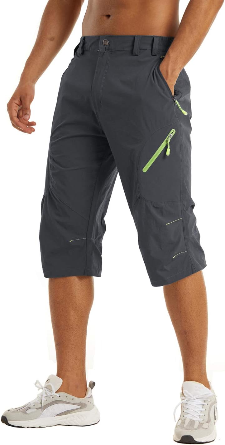 KEFITEVD Men's Below Knee Shorts Quick Dry 3/4 Hiking Long Walking Shorts Summer Thin Capris with 4 Zipper Pockets
