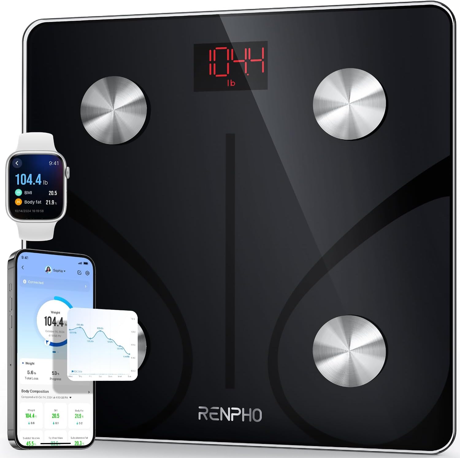 RENPHO Scales for Body Weight, Digital Bathroom Scales with High Precision Sensors, Bluetooth Weighing Scales Body Composition Monitors with App, Elis 1