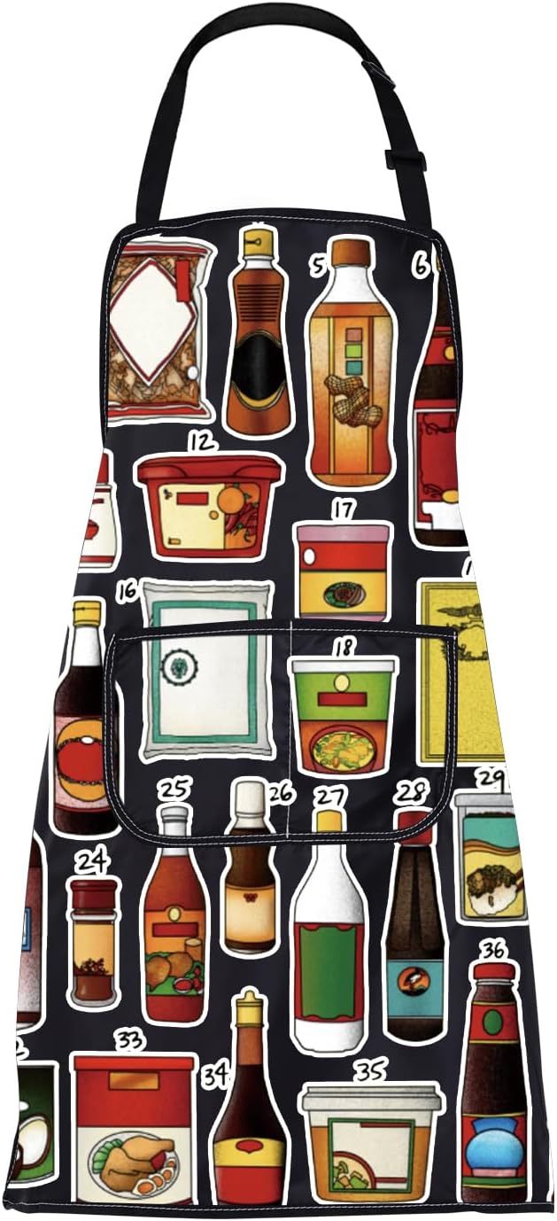BNQL Condiment Apron with Pockets Asian Foodie Gift Sauces Apron Condiment Kitchen Food Gifts Cooking Aprons Pantry Staples Aprons