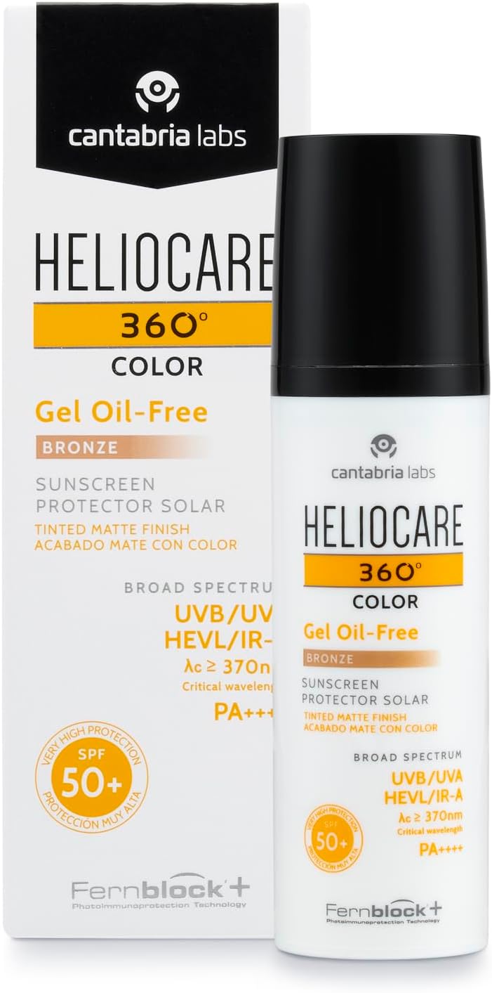 Heliocare 360 Colour Gel Oil-Free Bronze SPF50+ 50ml / Sunscreen For Face/Daily UVA UVB Visible Light Infrared-A Anti-Ageing Sun Protection/Matte Foundation Coverage
