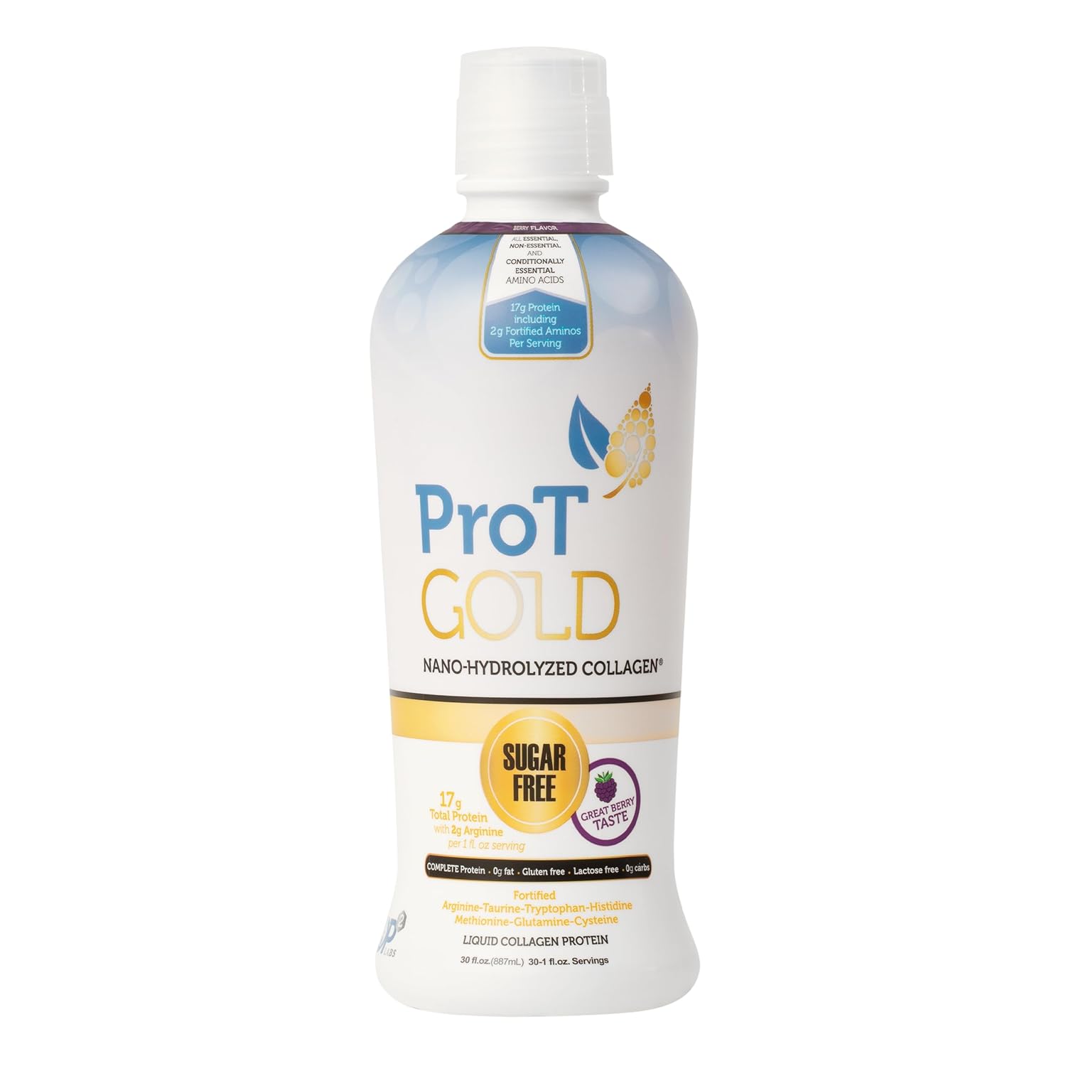 Liquid Collagen Protein Shot, 17g Clear Protein Nano-Hydrolyzed Grass Fed Collagen, 2g Arginine for Wound Support, Gluten Free, Sugar Free, 0g Carbs, Non GMO, Berry, 30 fl oz Bottle