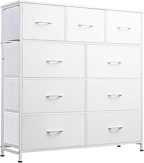 WLIVE 9-Drawer Dresser, Fabric Storage Tower for Bedroom, Hallway, Closet, Tall Chest Organizer Unit for Bedroom with Fabric Bins, Steel Frame, Wood Top, Easy Pull Handle, White
