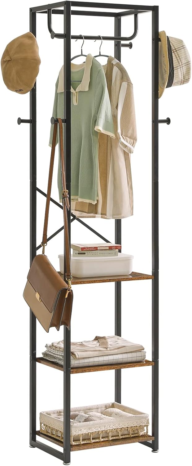 IBUYKE Coat Rack with Shelves, Freestanding Hall Tree with 3 Shelves and 8 Hooks, Industrial Clothes Stand for Entryway, Hallway, Bedroom, Rustic Brown UTMJ088H