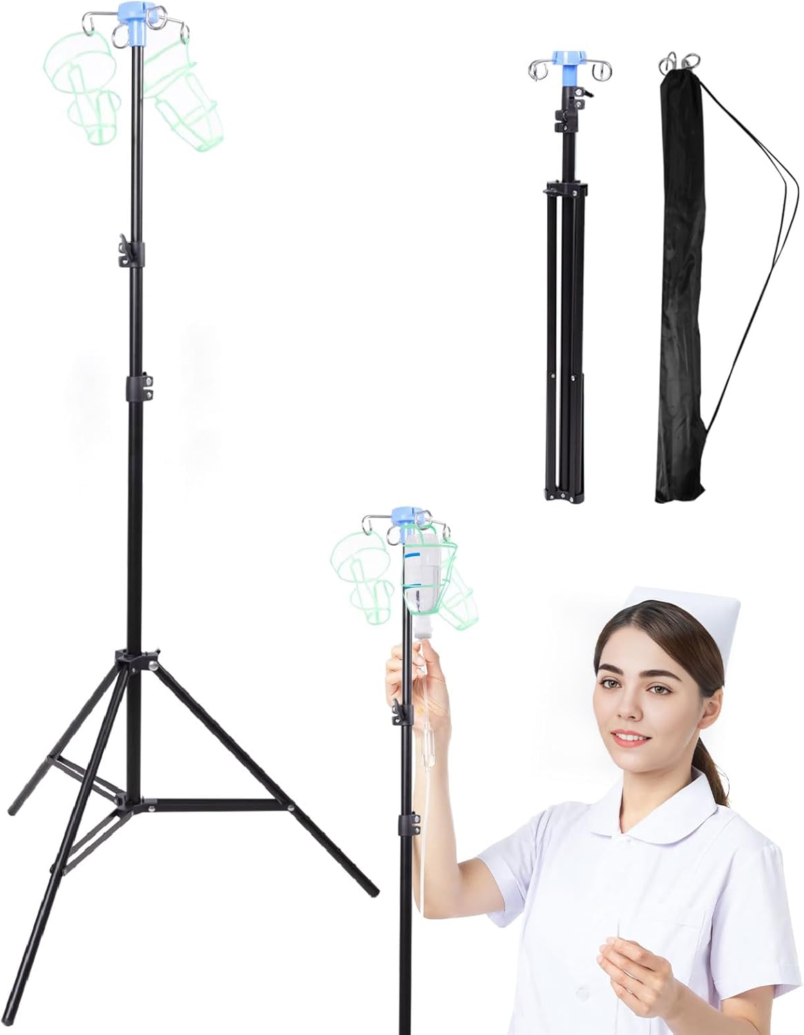 Lefeke IV Pole Portable for Traveling, Adjustable IV Stand with Hooks, Medical IV Drip Infusion Bag Holder, IV Fluids Floor Stand (Black)