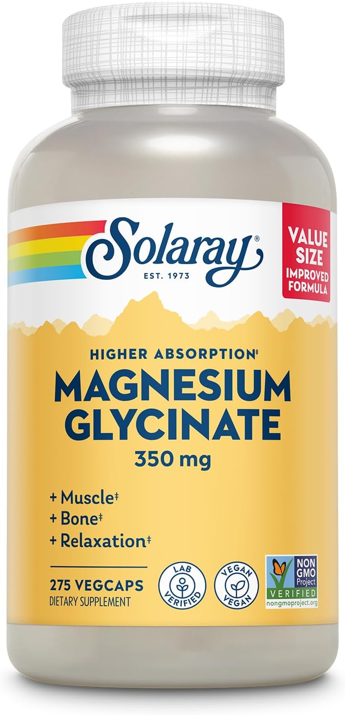 SOLARAY Magnesium Glycinate Capsules, Chelated Magnesium Bisglycinate w/ BioPerine, Higher Absorption Magnesium Supplement - Bones, Muscles, Heart Support, Vegan, 275 Count