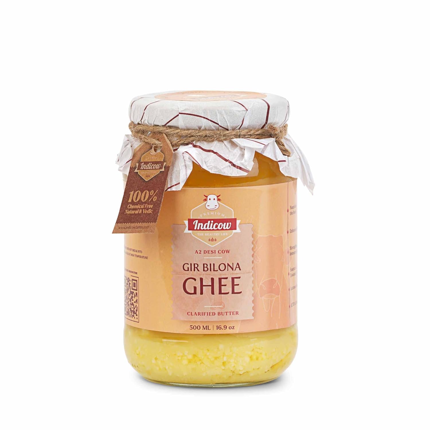 Indicow A2 Desi Cow Ghee, Clarified Butter | (500ml (16.91oz), Gir Cow Ghee) | Grass Fed, Pasture Raised Clarified Butter Fat, Keto, Paleo, Lactose Free, Casein Free, Non-GMO |