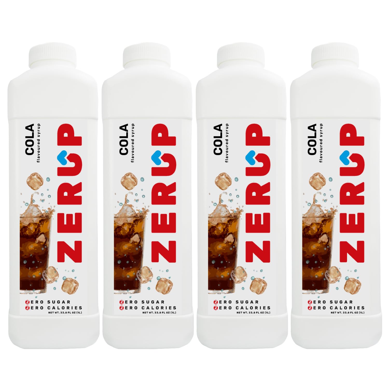 Zerup Zero Sugar Cola Syrup, Sugar-Free and Caffeine-Free Syrup, Zero Calories and Sugar, Clean and Sweet, Refreshing with Chilled Soda, Keto Friendly, Ideal for Sparkling Water, Dessert, Smoothies, Yogurt and more, Indulgent Taste 33.8 Oz (1L), Pack of 4