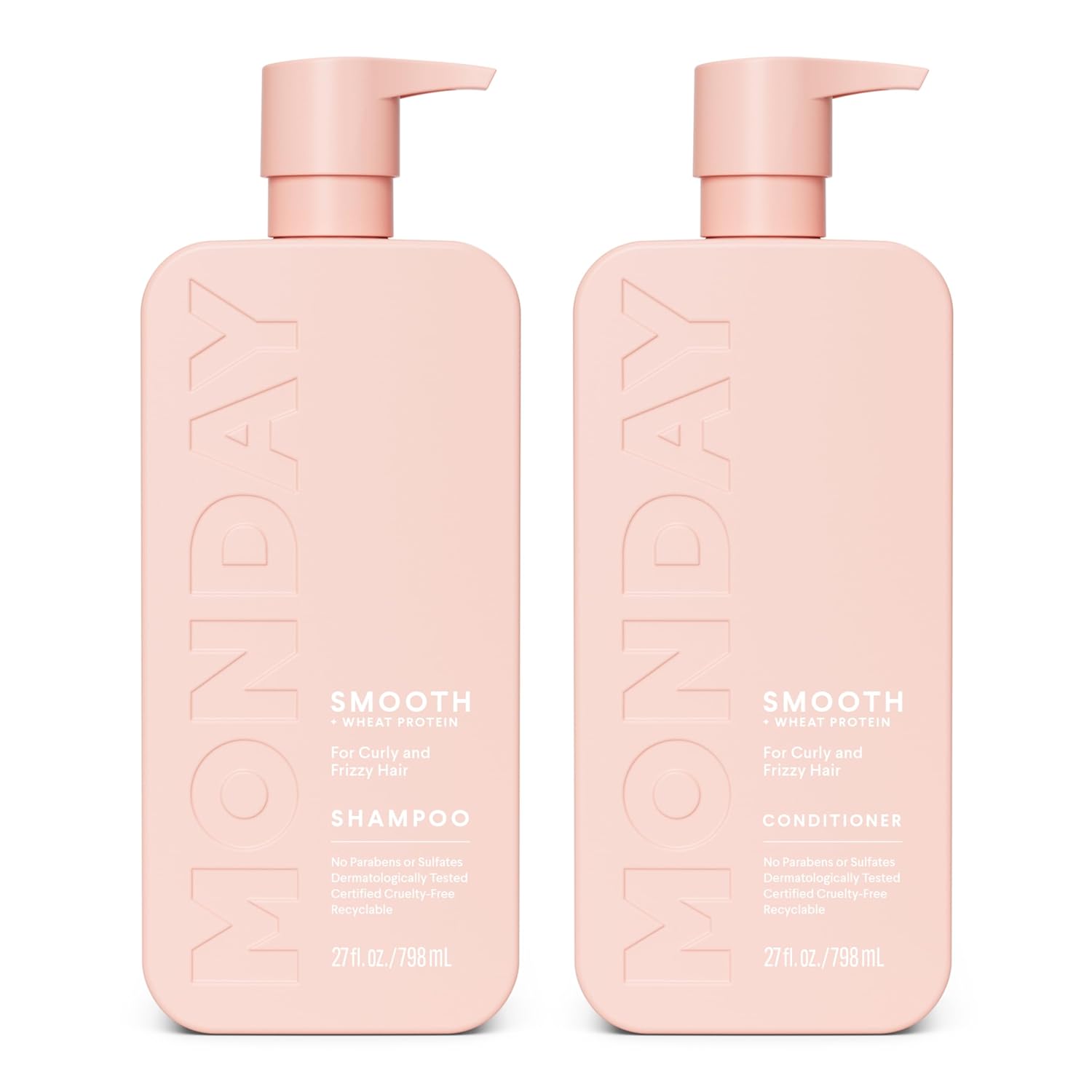 MONDAY HAIRCARE Smooth Shampoo + Conditioner Bathroom Set (2 Count) 27 oz Each For Frizzy, Coarse & Curly Hair Made with Coconut Oil, Shea Butter & Vitamin E 100% Recyclable Bottle Pink