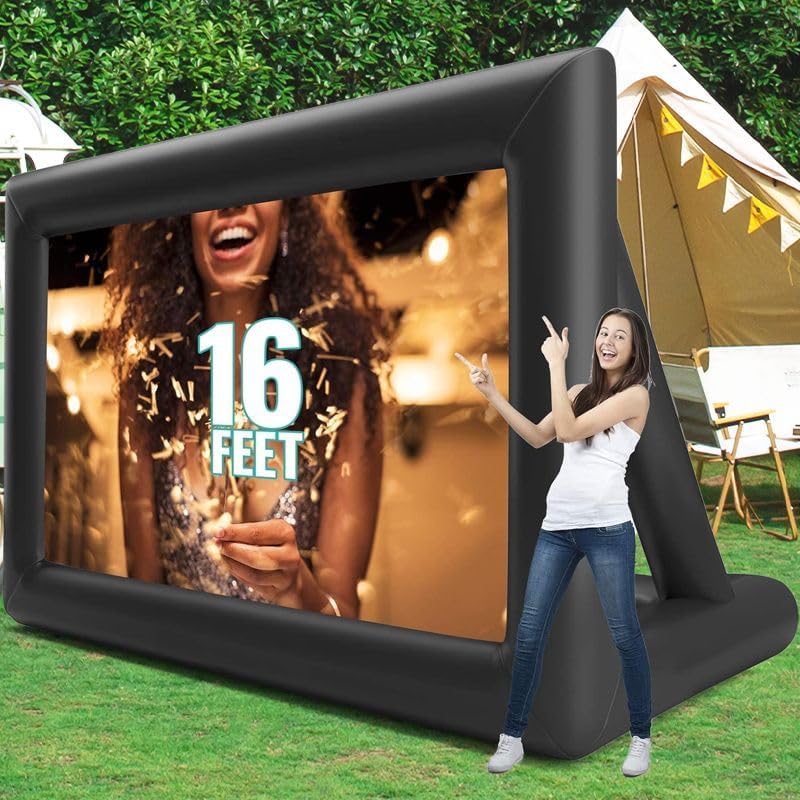 Inflatable Projector Screen, 16FT Inflatable Movie Screen Outdoor One-piece Design Front & Rear Projection Blow Up 16:9 HD Movie Screen Outdoor Projector Screen for Backyard Movie Night Pool Party