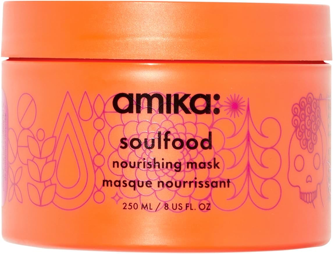 amika soulfood nourishing hair mask - hydrating hair care for dry, damaged strands - lightweight deep conditioner enriched with jojoba seed oil + seabuckthorn - restores softness + shine (250 ml)