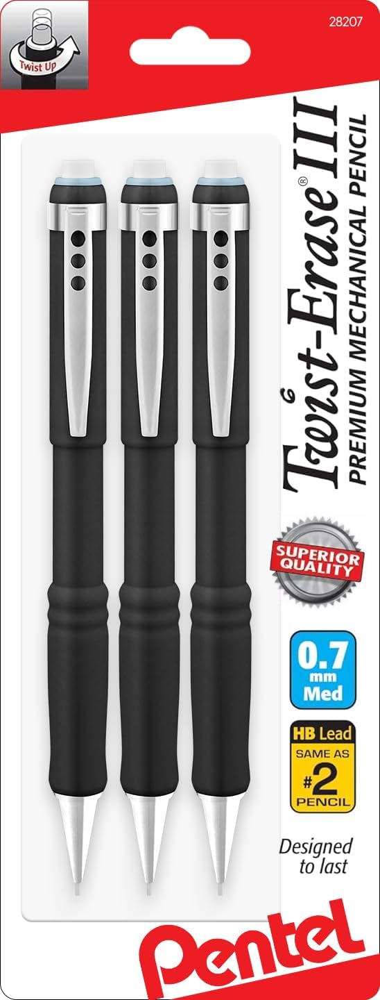 Pentel Mechanical Pencil 0.7 mm Twist Erase III, Twist Up Eraser, Pre-Loaded Super Hi-Polymer HB Lead, Black Barrel, 3-Pack