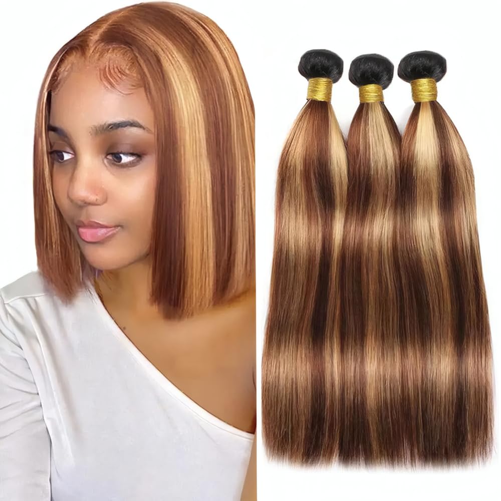 T1BP4/27 Highlight Human Hair Bundles Ombre Straight Bundles Honey Blonde Mixed Brown Length 8 10 12 Inch Grade 8A Brazilian Virgin Human Hair 3 Tone Black Roots to Brown and Blonde