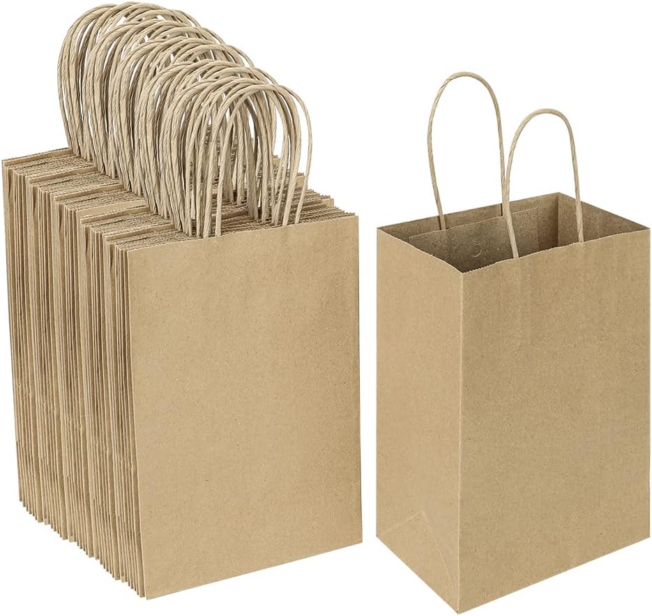 Oikss 100 Pack 5.25x3.25x8.25 Inch Small Plain Natural Kraft Paper Gift Bags with Handles Bulk for Birthday Party Favors Grocery Retail Shopping Business Goody Craft Bags Cub Sacks (Brown 100 Count)