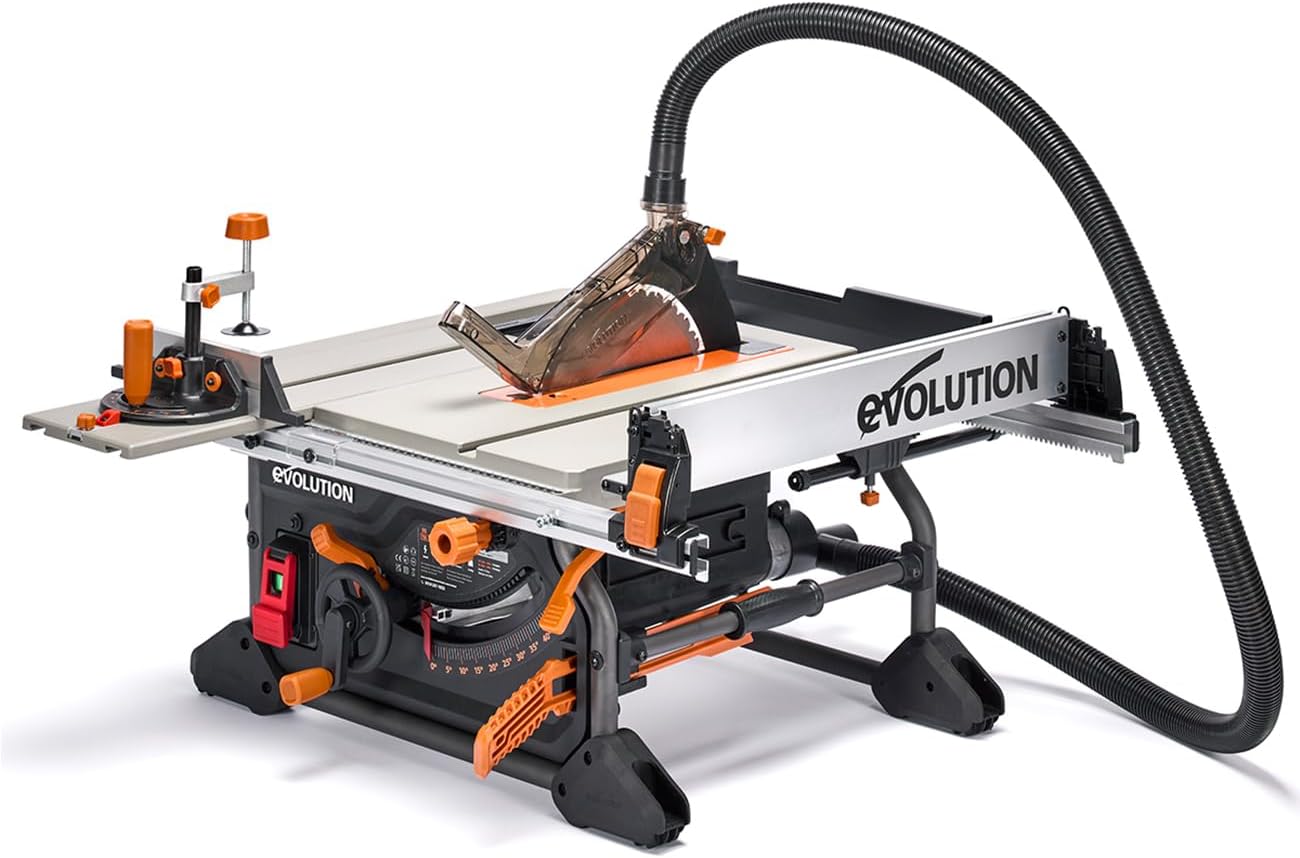 Evolution Power Tools R255TBL+ Table Saw (Next Gen Rage 5-S) Portable Multi-Material Cutting Blade Included Cuts Wood Metal Plastic, 45˚ Bevel, +/- 60˚ Mitre Angle, 85mm Cut Depth, 1800w Motor, 240v