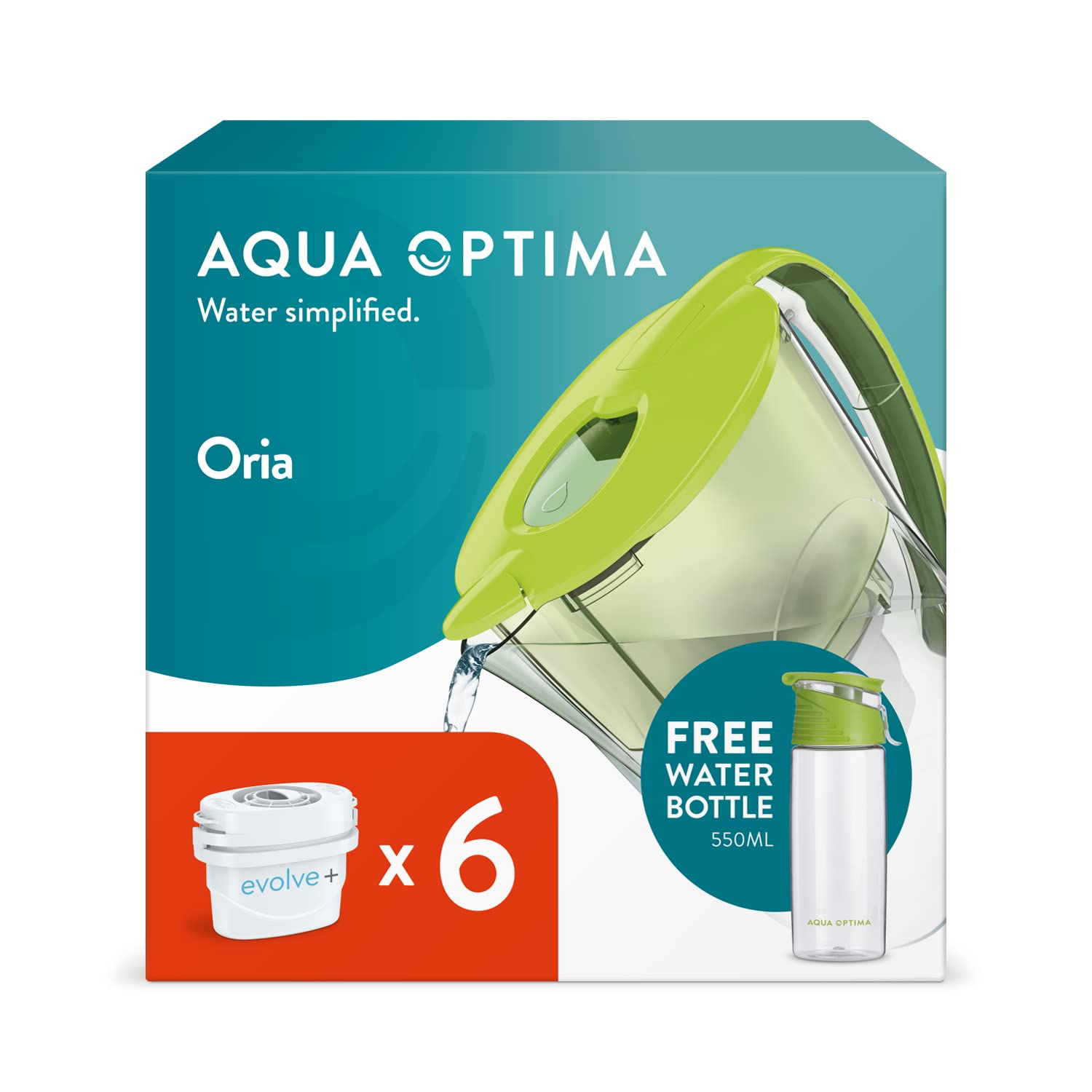 Aqua Optima Oria Water Filter Jug & 6 Evolve+ Filter Cartridges + Free 550ml Water Bottle, 2.8L, Green - Fridge & Dishwasher Friendly - Reduces Limescale, Chlorine and Other Impurities