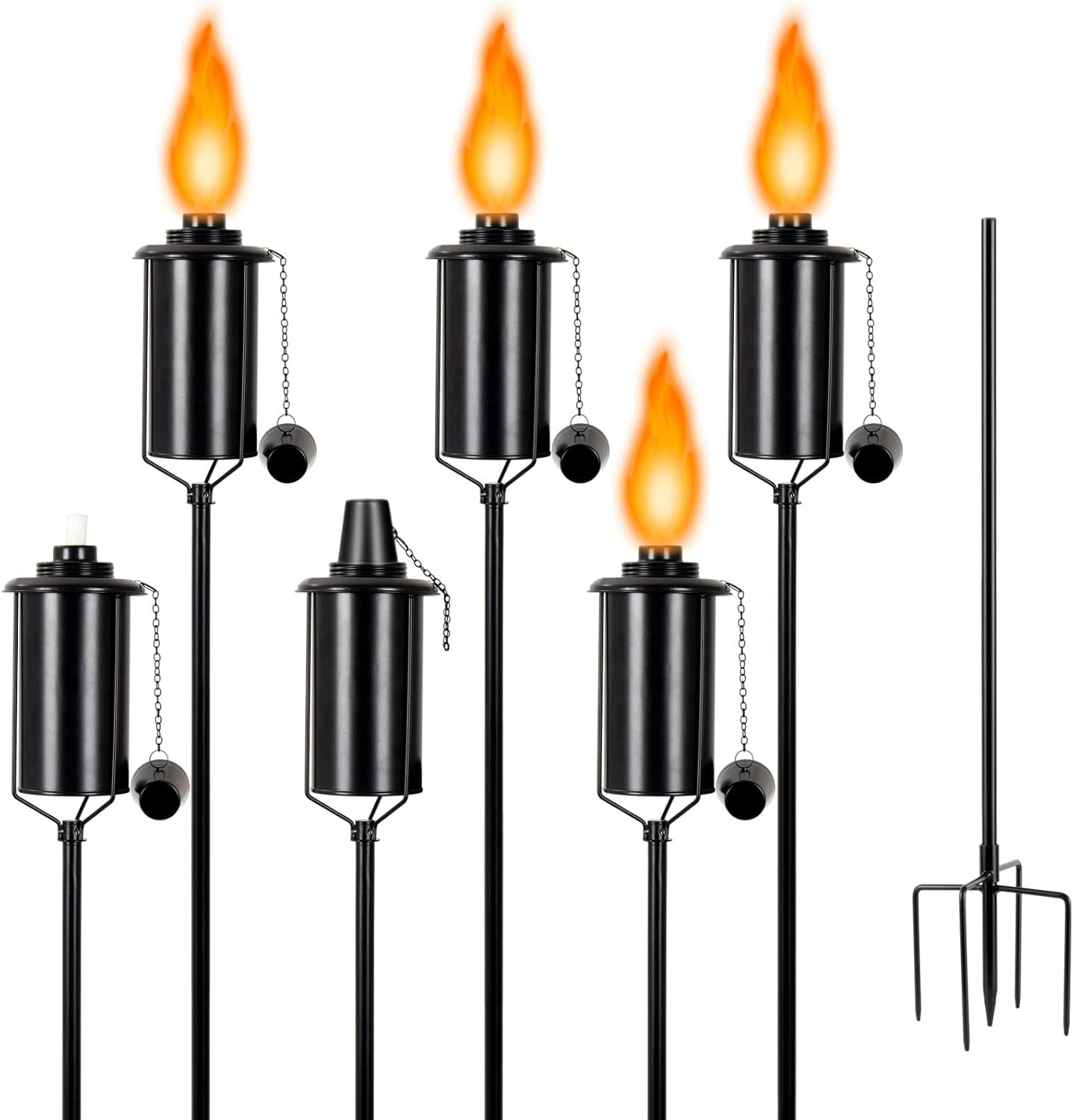 6 Packs Metal Garden Torches for Outside, 16oz Outdoor Metal Torch, Citronella Torches Lighting with 4-Prong Grounded Stake for Garden Patio Pathway