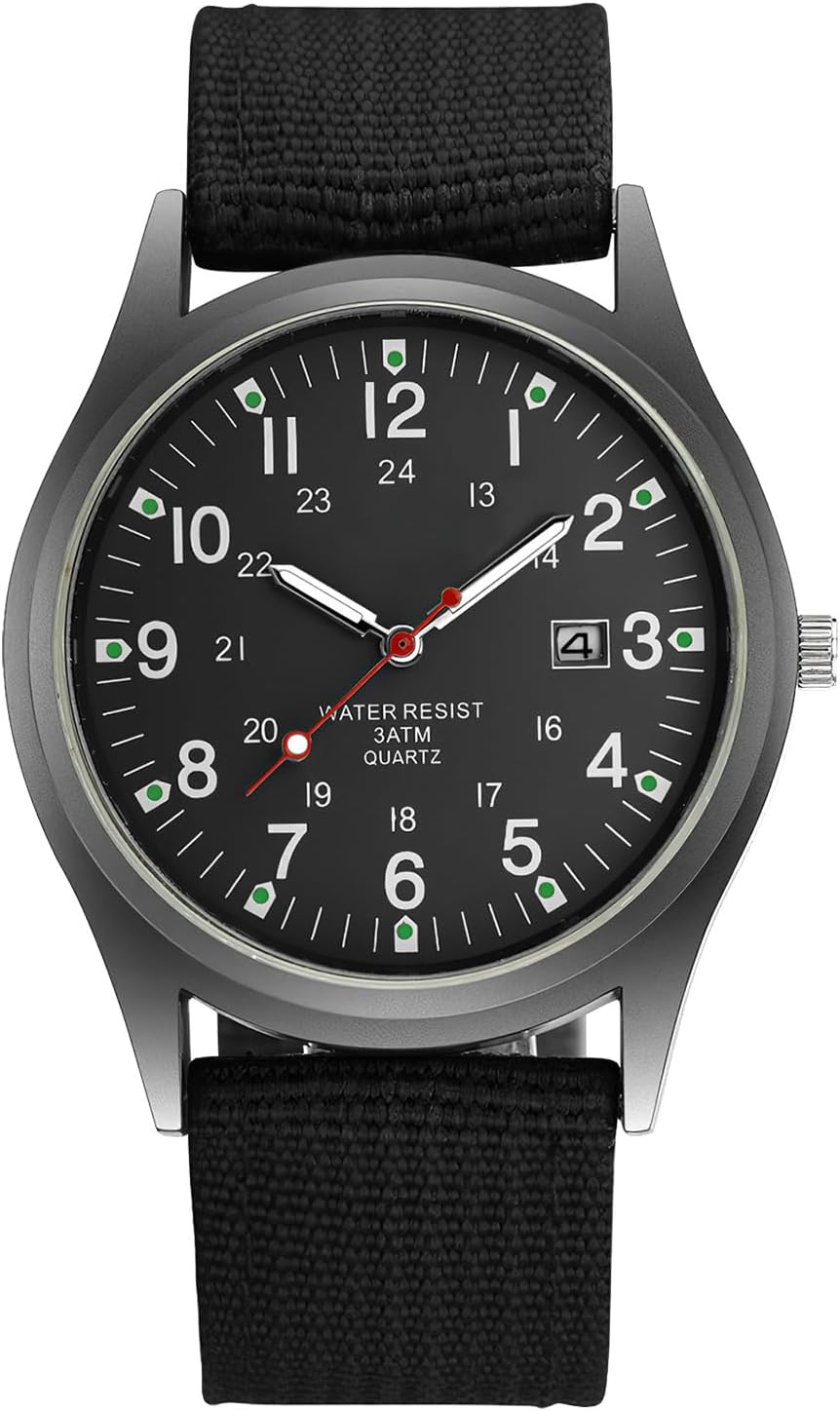 Kasoud Men's Minimalist Military Analogue Quartz Date Watch - 24H Black