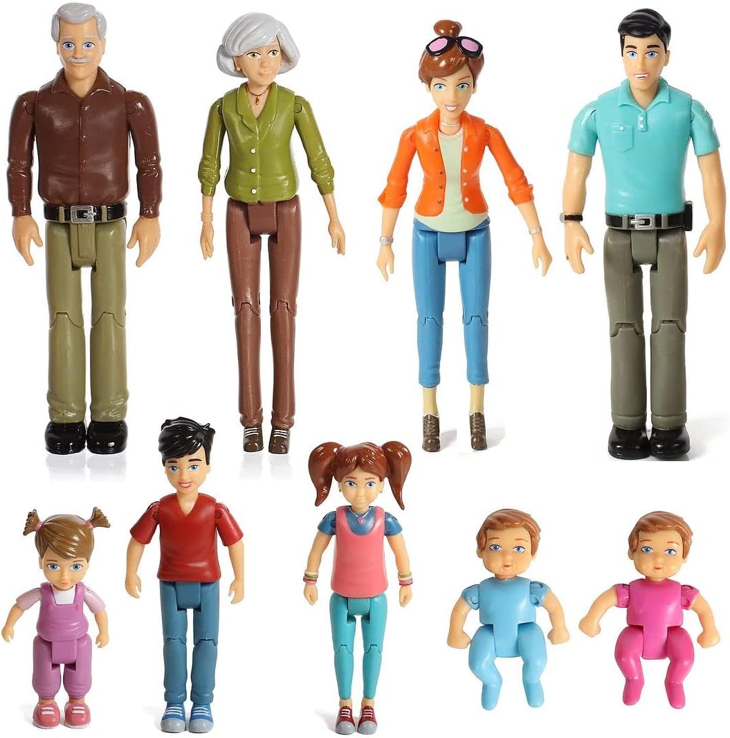 Beverly Hills Sweet Li’l Family Bendable Doll House Figurines Set of 9 - Grandpa, Grandma, Mom, Dad, Sister, Brother, Toddler, Twin Boy & Girl
