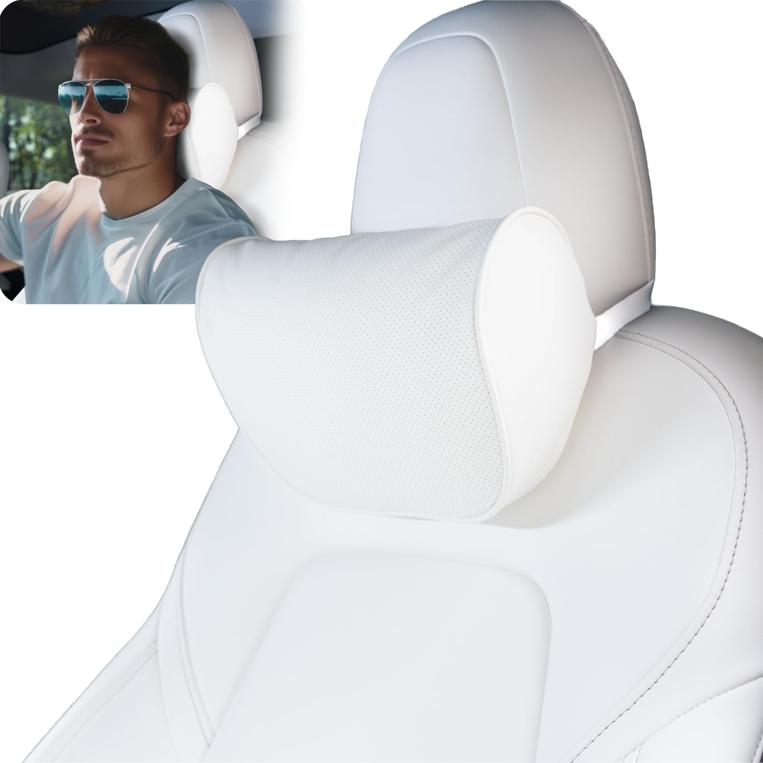 HOPON Headrest Pillow for Tesla Model 3 Model Y with Adjustable Strap,Tesla Neck Pillow with Leather,for Head,Neck,Shoulders,Multipurpose,Tesla Accessories 1 Pack (White)