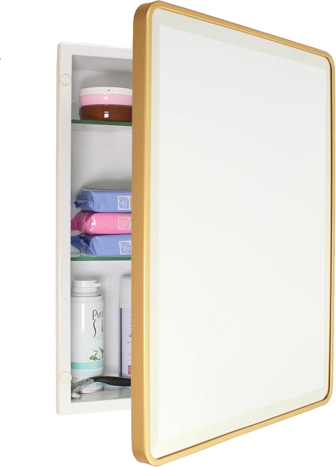16x20 Austin Farmhouse Metal Framed Rounded Rectangle Recessed Bathroom Medicine Cabinet, Beveled Mirror, 14x18 in-Wall Opening, powder-coated Steel, Adjustable Glass Shelves, Magnet Close, Gold
