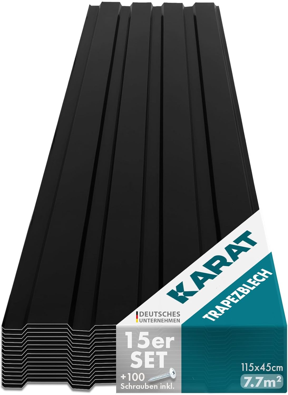 KARAT Metal Roofing Sheets 115 x 45 cm (Pack of 15) 7.7 m² Corrugated Roof Sheeting Plates Cladding for Garage, Shed, Carport and Greenhouse, Galvanised Coated, Black (incl. 100x Screws)