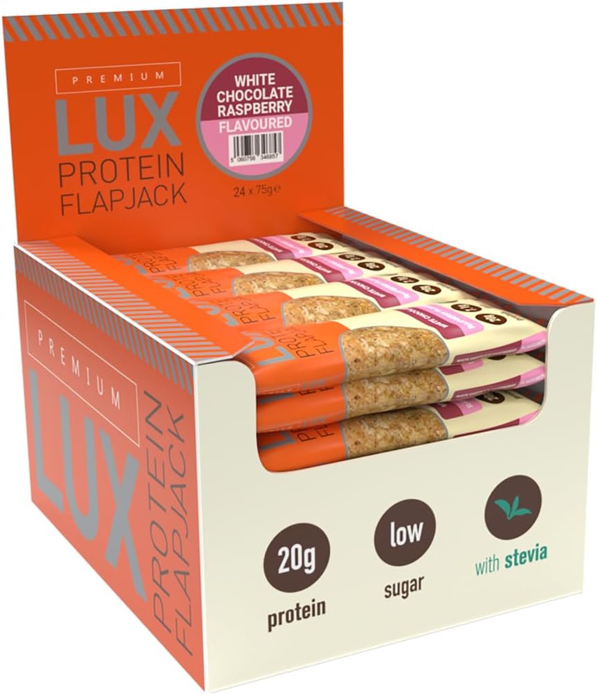 BW Premium LUX 20g High Protein Flapjack Bars 24 x 75g - Oat Based Low Sugar Snack - Bodybuilding Warehouse (White Choc Raspberry)