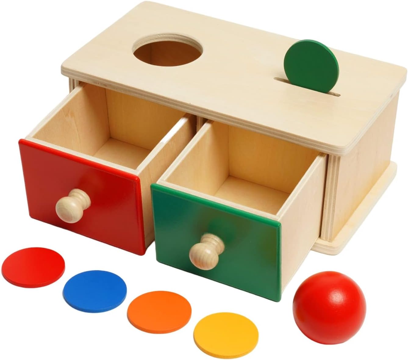 Siairo 2 in 1 Montessori Wooden Matching Box with Coin and Ball,2 Drawers- Wood Coin Box with 5 Coins and Permanence Box with 1 Ball Preschool Learning Toys for Toddler Boys Girls