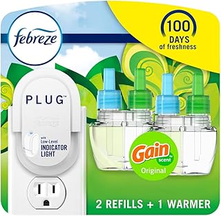 Febreze Plug In Air Fresheners For Home, Air Freshener Plug In, Gain Scent, Odor Fighter for Strong Odors, 1 Warmer + 2 Oil Refills