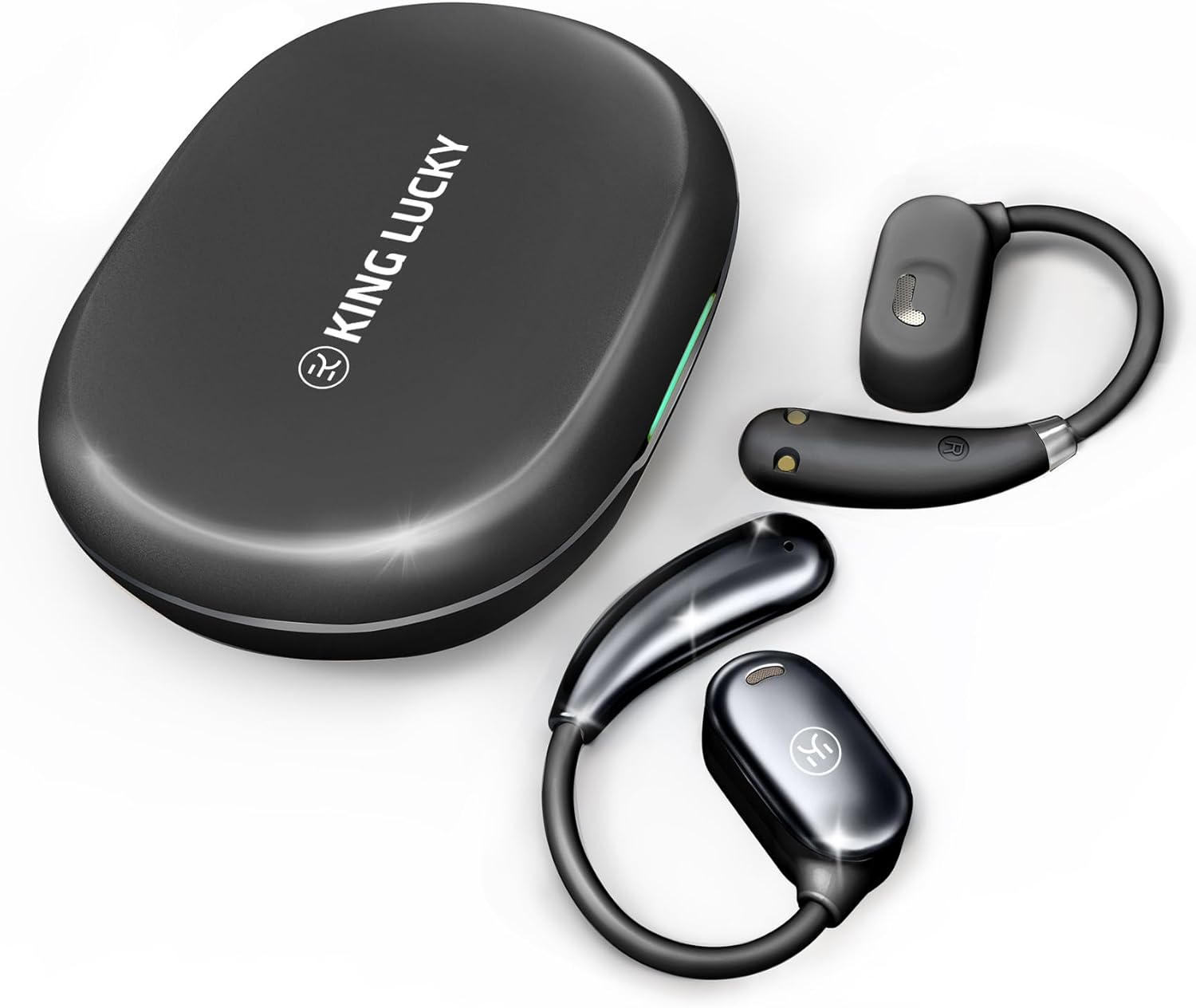 King Lucky True Wireless Open Ear Headphones, Bluetooth 5.3 Wireless Earbuds with Mic, Dual Link Open Owls Hanging Earphones Lightweight 7.3g 60Hrs Playtime,for Sports Running Workout (Grey - Black)