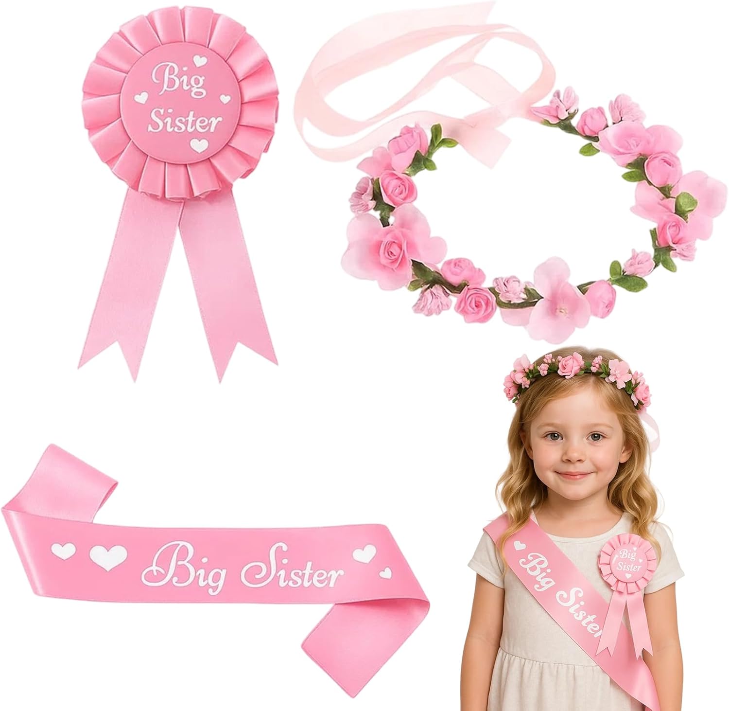 Promoted to Big Sister 3-Piece Accessory Set, Big Sister Gifts with Satin Sash, Badge Pin and Adjustable Flower Crown for Baby Shower Parties, Family Celebrations (Pink)
