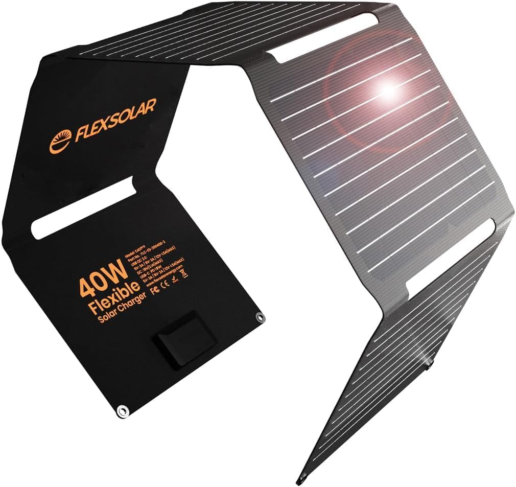 FlexSolar 40W Portable Solar Panel Charger - Upgraded Fast Charging with PD2.0 USB-C,QC3.0 USB-A and DC Outputs for Power Stations, Phones, Power Banks, IP67 Waterproof Foldable for Camping