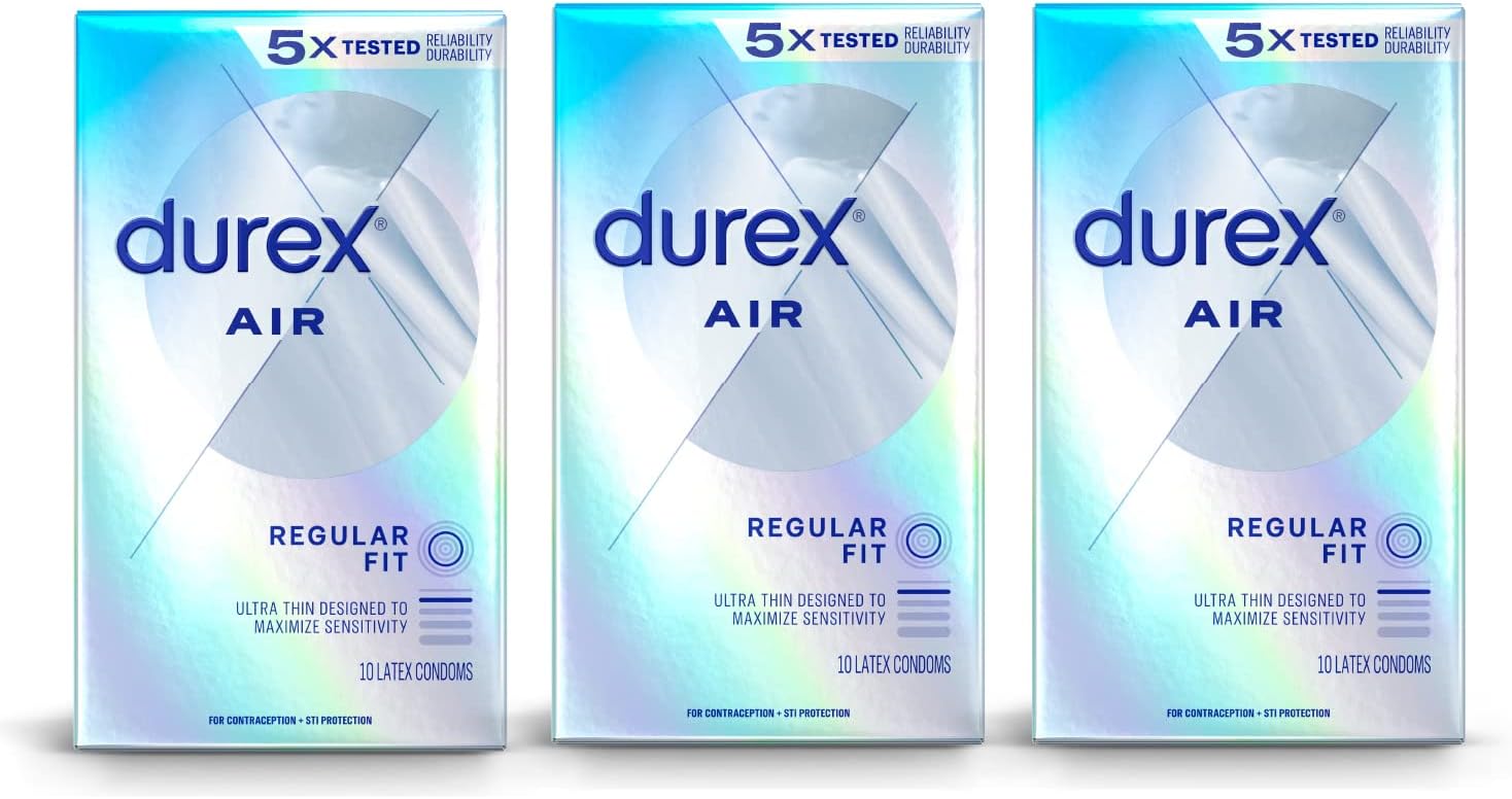 Durex Air Condoms, Extra Thin, Transparent Natural Rubber Latex Condoms for Men, Regular Fit, FSA & HSA Eligible, 10 Count (Pack of 3)