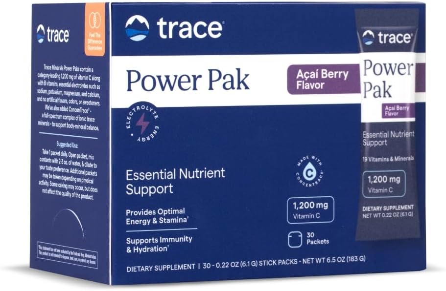 Trace Minerals | Power Pak Electrolyte Powder Packets | 1200 mg Vitamin C, Zinc, Magnesium | Boost Immunity, Hydration and Natural Energy | Acai Berry | 30 Packets