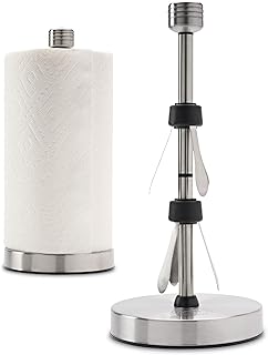 Stainless Steel Paper Towel Holder Stand Designed for Easy One- Handed Operation - This Sturdy Weighted Paper Towel Holder Countertop Model Has Suction Cups and Holds All Paper Towel Rolls