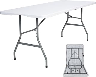 Folding Table 6ft Plastic Folding Table Indoor & Outdoor for Picnic, Camping,BBQ and Party, with Powder Coated Steel Legs and Built in Carry Handle, White