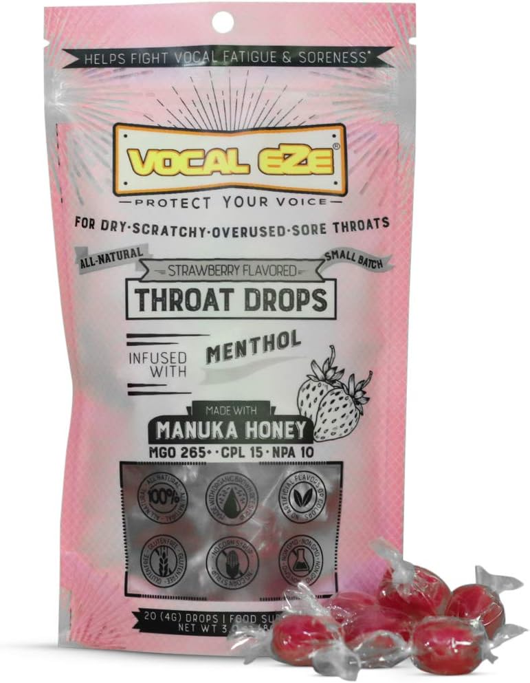 Vocal Eze Manuka Honey Strawberry Menthol Cough Drops (20) | Lozenges to Relieve Sore, Hoarse, Fatigue, Dryness of Throat | Voice Support, All Natural and Organic Ingredients UMF 10+ (MGO 265+)